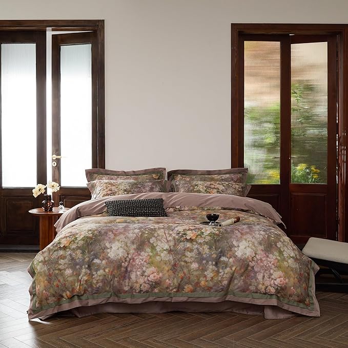 VM VOUGEMARKET Painting Flower Duvet Cover King Smooth Long Staple Cotton Bedding Duvet Cover with Pink Floral Pattern Garden Cottage Botanical Comforter Cover for Spring Summer