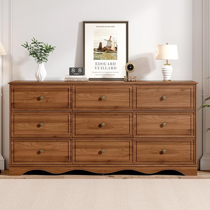 9 Drawer Dresser,63" Wide Mid Century Chest of Drawers,Wooden Bedroom Drawer Dresser with 9 Storage Drawers for Bedroom,Living Room,with Anti-Tipping Device,Umber.