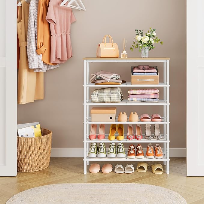 Tajsoon 6 Tier Shoe Rack Organizer for 20-24 Pairs of Shoes, Metal Mesh Shoe Shelf for Closet, Industrial Shoe Rack for Entryway Shoe Storage with X Shape Fixed Frame, White & Log