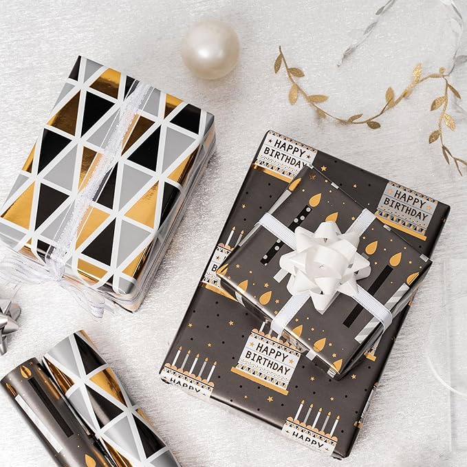 MAYPLUSS Birthday Wrapping Paper Roll 17 IN *120 IN Per Roll, Black and Gold Gift Wrapping Paper Mini Roll, 3 Rolls, Triangles Candle Geometry Pattern With Gold Foil for Birthday, Party All Occassions