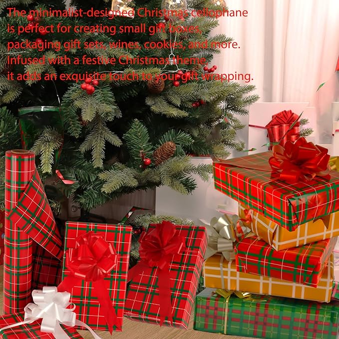 CMFYHM Christmas Cellophane Wrap Roll (34" x 100’Ft) 3 Mil Thicken Long Film Gift Wrappings for Baskets, Box,Wine, Christmas Decor(Red,Green,White)