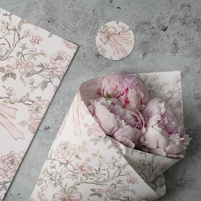 Ywdbzjhs 1 Roll Pink Bow and Flower Wrapping Paper Mini Roll - 17 In x 33 Ft - Coquette Vintage Floral Pink Bows Gift Wrap Paper for Christmas Birthday Wedding Baby Shower Engagement Bridal Shower