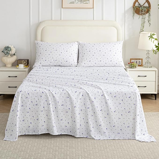 Softan Floral Full Sheet Set Purple Flower Printed Bed Sheets Double, Cozy Microfiber Patterned Fitted Sheets with 15" Deep Pocket & Non-Slip Straps, Cute Purple Sheets and Pillowcase Set