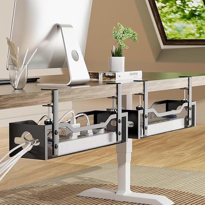 2 Pack Under Desk Cable Management Tray, 13.38" Cable Organizer No Drill, Quszmd Standing Cord Organizer and Wire Management - Black