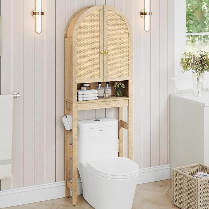 HMstone Over The Toilet Storage Cabinet, Arched Bathroom Organizer and Storage with Rattan Doors and Adjustable Shelf, Space-Saving Freestanding Bathroom Modern Storage Cabinet Over Toilet (Natural)
