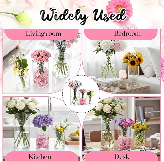 12 Pack Cylinder Vases for Centerpieces 4, 6, 8 Inch Tall Acrylic Cylinder Clear Flower Vase Set Home Decor Centerpiece Table Clear Flower Vase Decorations for Table Shelf, Party, Wedding