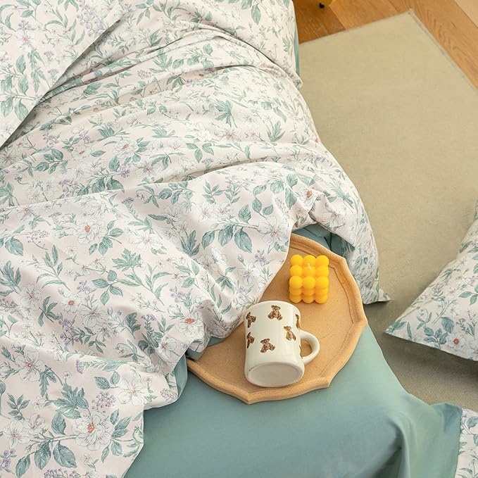 EAVD Vintage Style Garden White Floral Duvet Cover Queen Soft 100% Cotton Flower Green Leaves Botanical Bedding Set with 2 Pillowcases Chic Botanical Floral Comforter Set Aesthetic Bedding Set