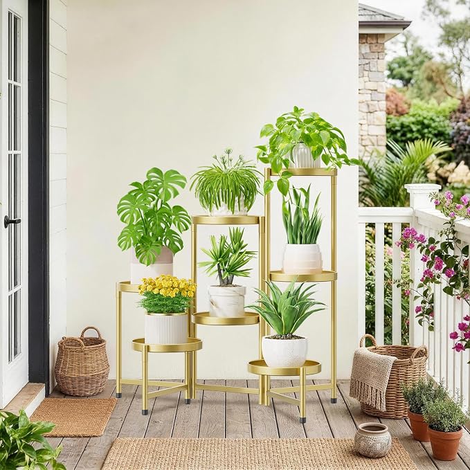 iDavosic.ly 7 Tier Large Plant Stand Indoor, 10 Inch Wide Tall Corner Metal Plant Stands Outdoor for Multiple Plants, Folding Tiered Flower Display Holder Rack Shelf, Gold