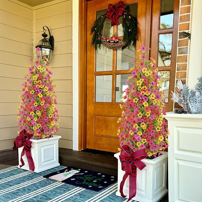 2 Pcs 3.6FT Topiary Trees Artificial Outdoor, Christmas Tree Faux Flowers UV Resistant Shrubs for Indoor Planters Outdoor Porch Halloween Decoration (Color Mixing)