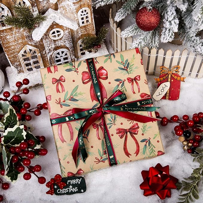 MAYPLUSS Christmas Wrapping Paper Roll - 17IN X 33FT - Kraft Gift Wrapping Paper Featuring Cute Bow Christmas Holly Reversible Cut Lines for Kids, Holiday, New Year
