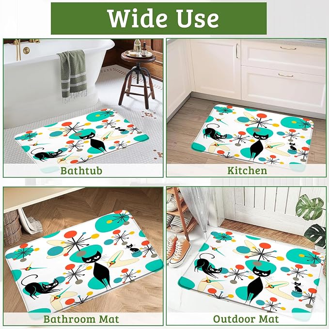 Mid Century Black Cat Bath Mat,Teal Orange Modern Atomic Geometric Bathroom Rug Shower Floor,Retro 50s 60s Vintage Bath Rug,Absorbent Doormat Bedroom Rug Kitchen Toilet