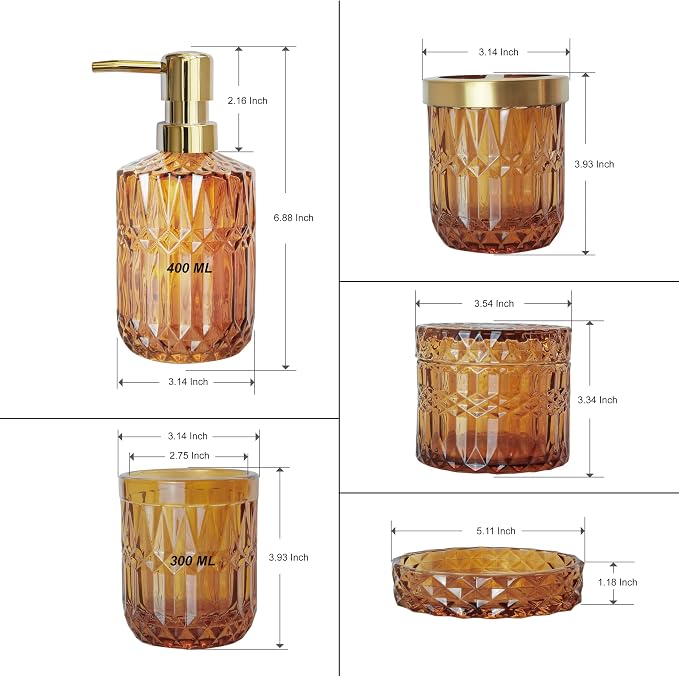 LaMarriti Amber Bathroom Accessories Set, 5Pcs Clear Glass Bathroom Sets, Hand Soap Dispenser, Soap Dish, Toothbrush Holder Set, Qtips Holder for Crystal Vintage Bath Decor, Set