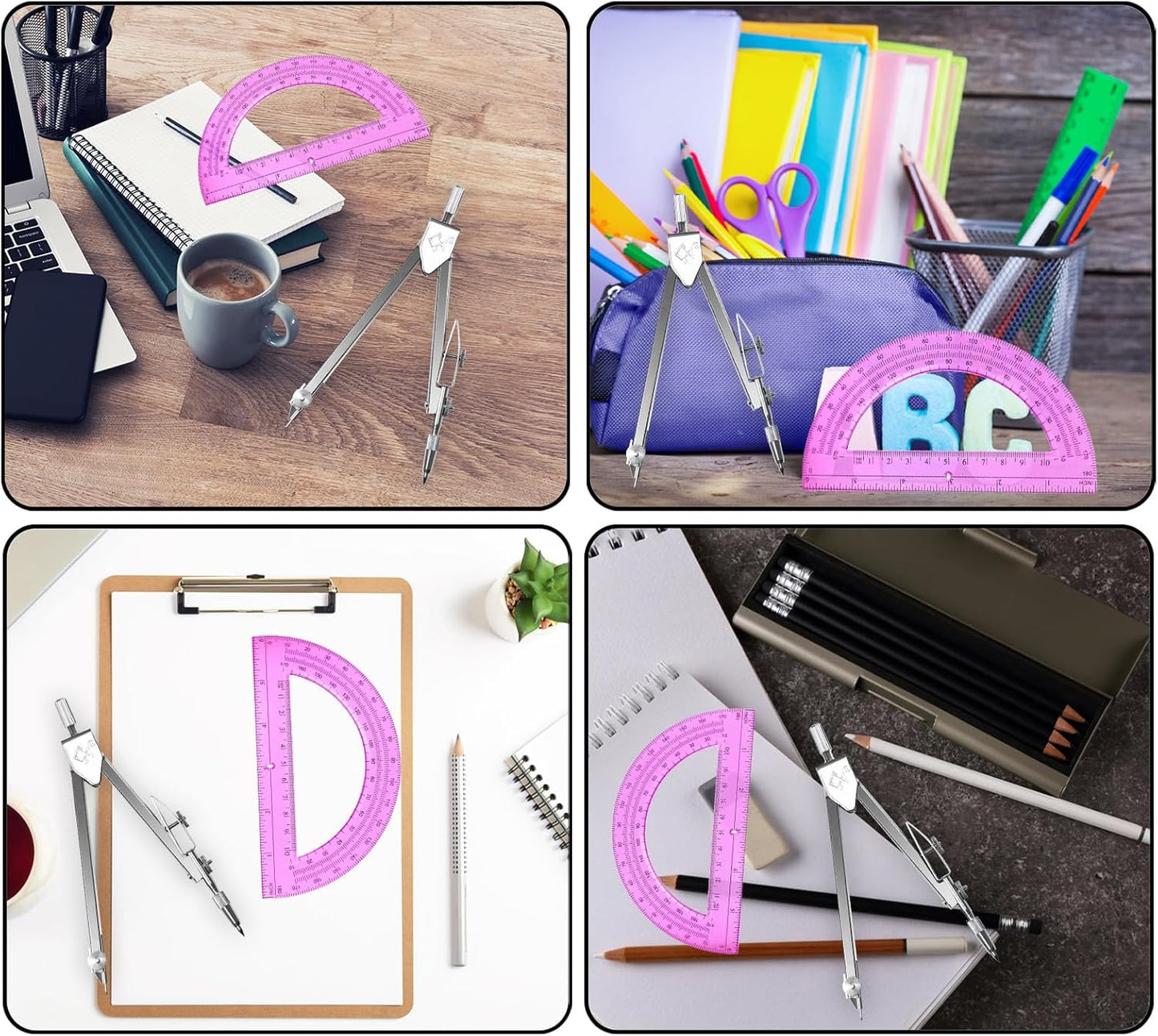 Students Geometry Math Set - Drawing Compass & 6-Inch Transparent Protractor (Pink)