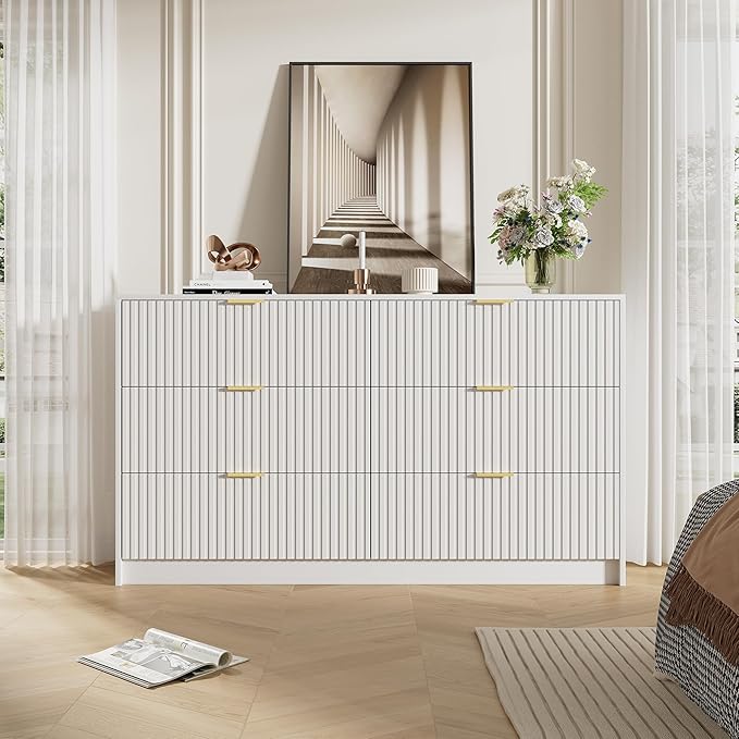 White Dresser for Bedroom, Modern Dresser with 6 Drawers and Smooth Slides, Wide Chest of Drawers with Golden Handles for Bedroom, Living Room, Closet, 15.7" D x 55.1" W x 31.4" H