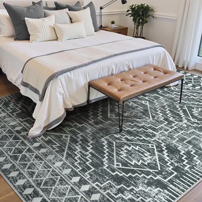 Wonnitar Moroccan 6x9 Area Rugs, Washable Grey Rugs for Living Room, Large Soft Bedroom Throw Rug, Non-Slip Stain Resistant Thin Boho Floor Carpet for Dining Room Home Office Decor (Dark Grey,6'x9')