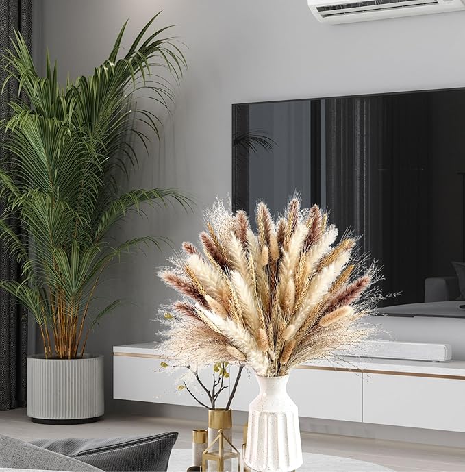 Dried Wheat Stalks and Pampas Grass Decor – 5 Types of Natural Dried Florals Including Wheat, Pampas Grass, Bunny Tails, and Dried Flowers – Fall Floral Arrangements for Vase, Farmhouse & Table Decor