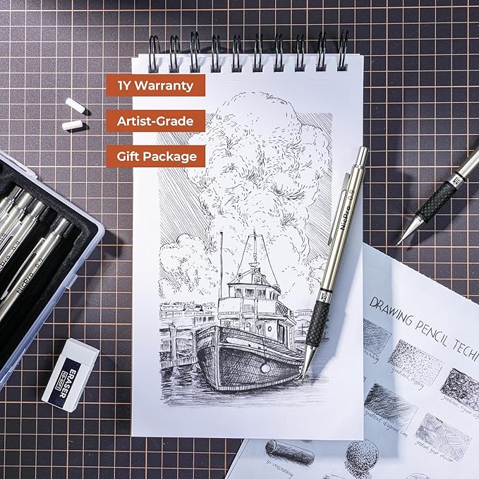 Nicpro 0.9 mm Art Mechanical Pencils Set in Case, 6 PCS Metal Drafting Pencil 0.9mm Lead Pencil with 6 Tube HB Lead Refills, 3 Erasers, 18 PCS Eraser Refills for Artist Writing, Drawing, Sketching