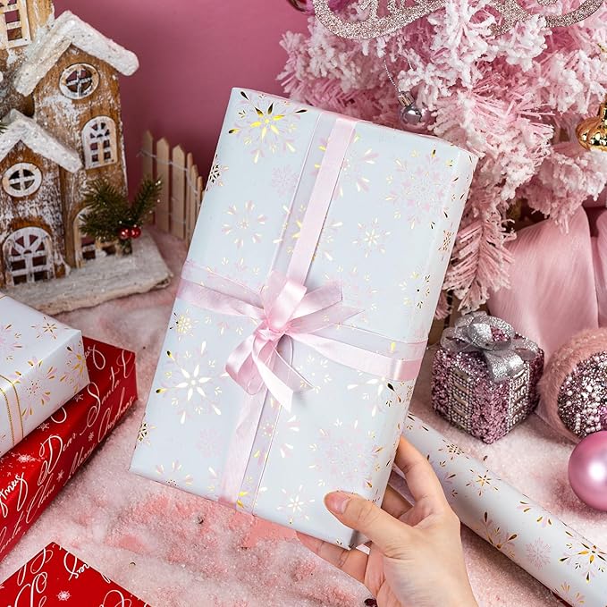 MAYPLUSS Christmas Wrapping Paper Roll - 17IN X 33FT - Christmas Gift Wrapping Paper Featuring Pink and Gold Snowflake Against White Reversible Red for Kids, Holiday, New Year