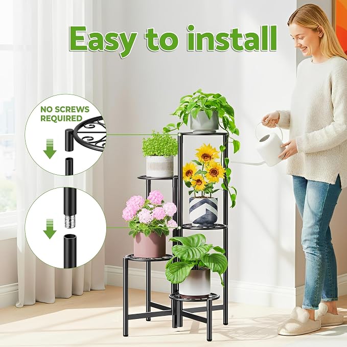 Plant Stand Indoor Outdoor, 5 Tier Corner Metal Flower Display Holder Stand, Folding Tall Plant Rack for Patio Balcony Porch Garden Living Room House, Heavy Duty Wrought Iron Plant Shelf - BlackS