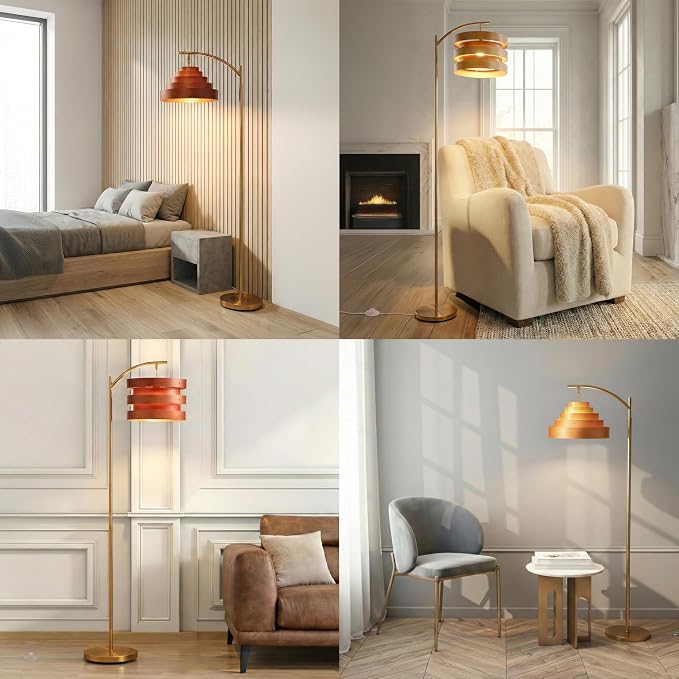 O’Bright Strata Wooden Floor Lamp - Mid Century Modern Standing Lamp with Layered Wood Shade, Tall Reading Lamp for Living Room, Bedroom, Office, Black, Dark Oak, Cascade Shade