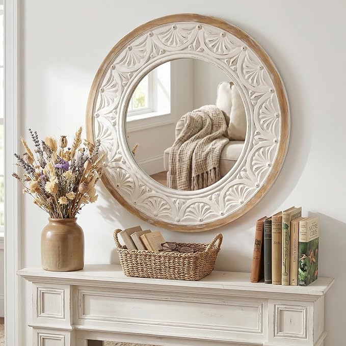 H HOMEWINS Rustic Round Mirror, 24" Wooden Circle Farmhouse Wall-Mounted Nature Beads Decor Mirror for Bedroom, Bathroom, Living Room,Vanity