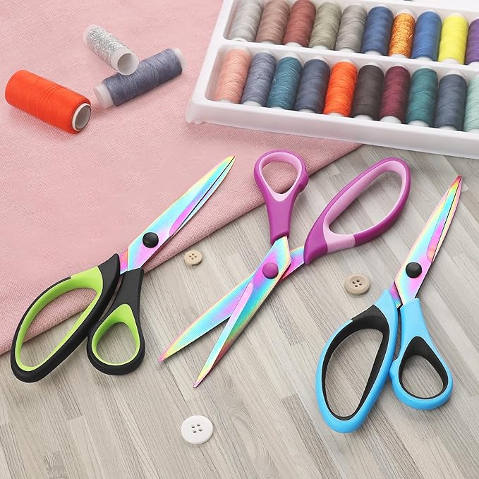 Uaugulft Sewing Scissors, Sharp Titanium Coating Blades, Soft Grip Handle, Multi-Purpose Scissors Set of 3 Suitable for Families, Office, and School Use, Blue Black, Purple Pink and Green Black