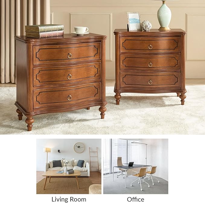 HULALA HOME Traditional Side Table with 3 Drawers, Tall Side Table with Curved Front Profle Desgin, Charging Station, Solid Wood Legs, Walnut