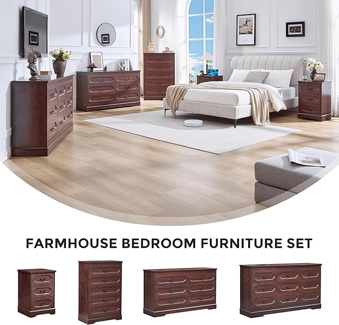 LIDYUK 9 Drawer Dresser for Bedroom Farmhouse Cherry Tall Wood Chest of Drawers for Bedroom Dresser, Modern Rustic 59" Wide Drawers Dressers Wooden Closet and Storage Cabinet, Hallway, Living Room