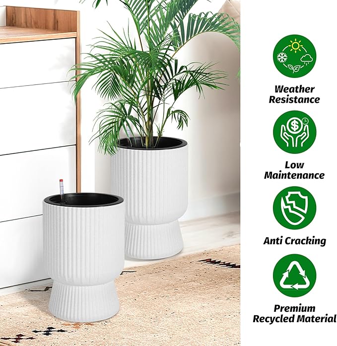 14.2" Tall Planters Set of 2, Plant Pots, Self Watering Pots for Indoor Plants, Flower Pots With Built-In Drainage and a Water Level Monitor, for Patio, Porch, Living Room, or Office, Marble White