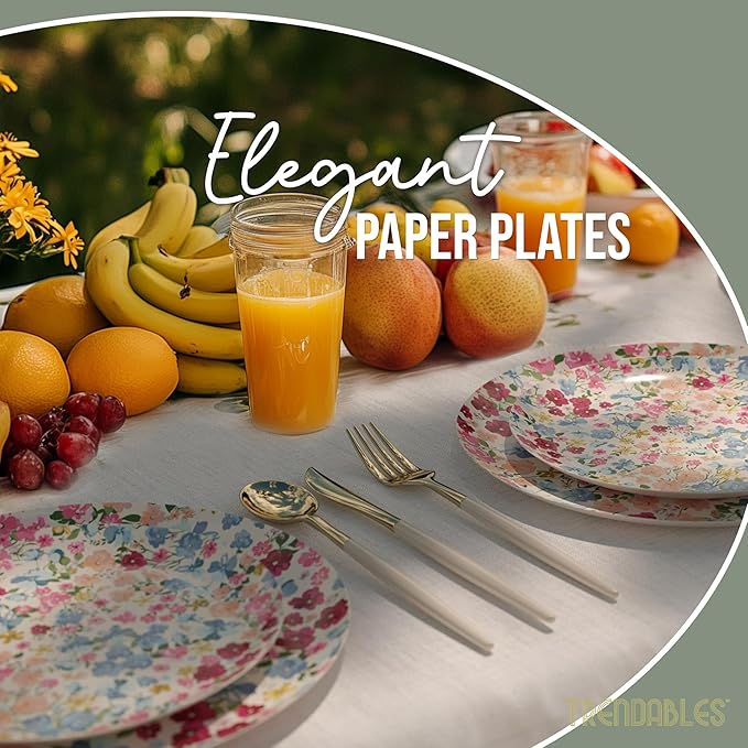 Trendables Floral Paper Plates 8.5 Inch & 10.5 Inch 40 Pcs Dinner Plate Set Fancy Disposable Plates for Party for 20 Guests 20 X 8 & 20 X 10 Large & Small Paper Plate Set for Parties Meadow