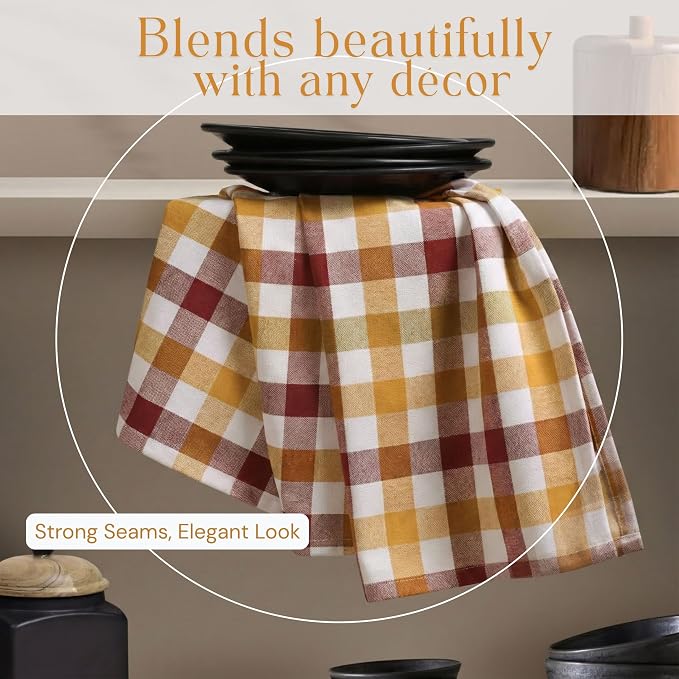 Multi Check Tea Towels 12 Pack Combo, 18"x26", Dish Towels for Kitchen Drying, Reusable Rags, Absorbent, Washable Cloths, Cleaning Towels for Dishes - Rust, Tan, Grey, Burgundy, Brown