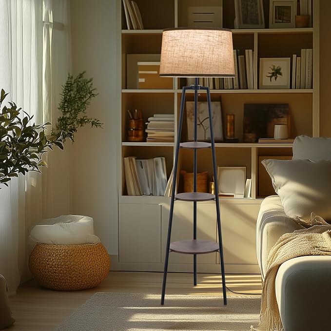 EOEYYOYB 3 Tier Shelf Floor Lamps for Living Room, Modern Standing Lamp with 3 Color Temperature Led Bulb, Tall Lamps for Bedroom and Office, Walnut