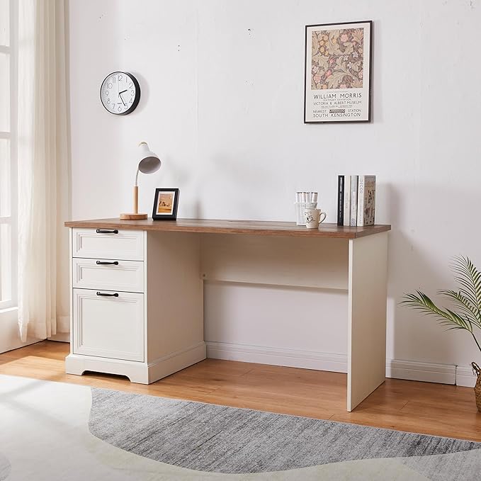 60" Farmhouse Executive Desk with Charging Station,Home Office Desk with 2 Drawers &1 File Cabinet,Wood Work Desk for Office and Home