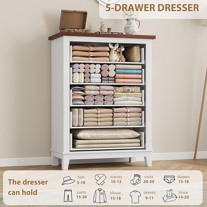 GarveeHome 5 Dresser for Bedroom, 41.3 in Tall Vertical Drawer Dresser with Large Storage, Freestanding Wooden Closet Chest for Bedroom, Living Room, White + Brown