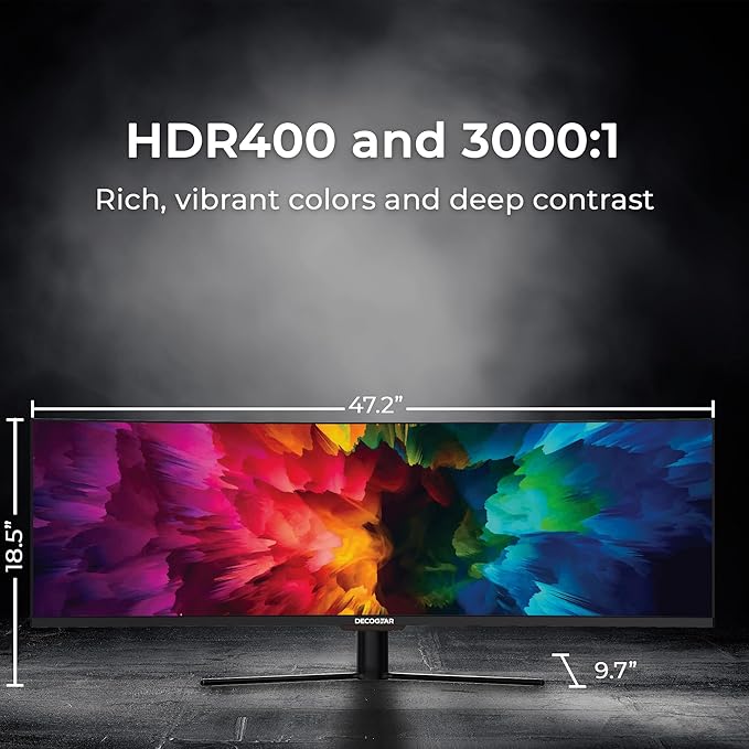 Deco Gear Curved 49” Super Ultrawide Gaming Monitor, 32:9 WDFHD 3840×1080, 144Hz, 4ms, 3000:1 VA, HDR400, Adaptive Sync, USB-C 65W, HDMI/DP, PBP/PIP, KVM, 1800R, American Seller