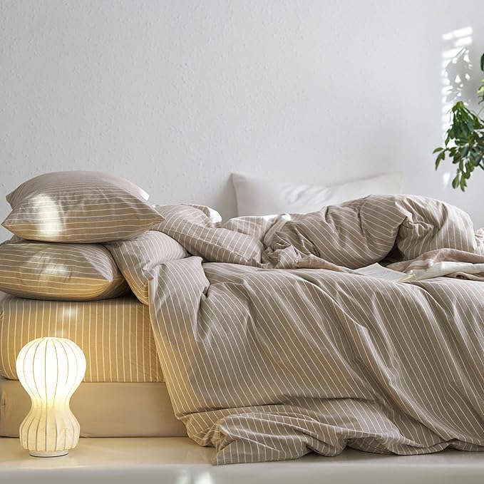 MooMee Striped Duvet Cover Set 100% Washed Cotton Linen Like Textured Breathable Durable Soft Comfy (Tannish Linen Grey White Wide Stripes, King 104"x90")