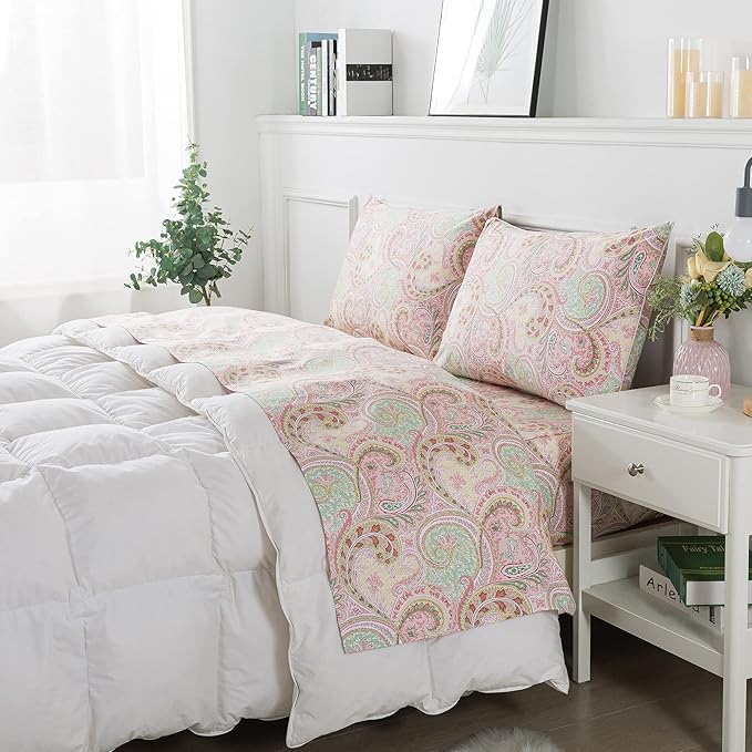 FADFAY 4 Piece Pink Paisley Bed Sheet Set Luxury Bedding Sets Designer Bedding Collections 800 Thread Count 100% Egyptian Cotton Deep Pocket-Twin XL Size