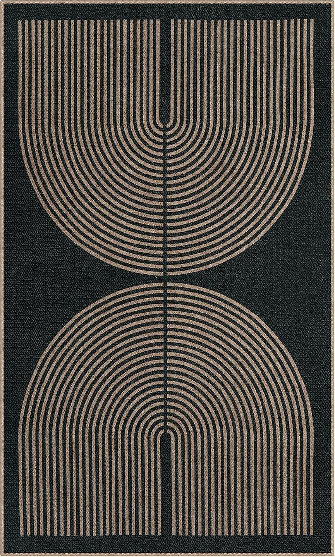 Lahome Enfys Modern Rainbow Easy Jute Outdoor Patio Rug, 3x5 Black Washable Rugs for Entryway Office Farmhouse Classroom Carpet, Contemporary Non Slip Front Door Mat for Porch Guestroom Room Decor