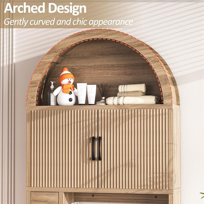 Spurgehom Over The Toilet Storage Cabinet, Bathroom Shelf Organizer Freestanding, Bathroom Arch Cabinet Over Toilet with Toilet Paper Holder and Anti-Tipping Device, Wood