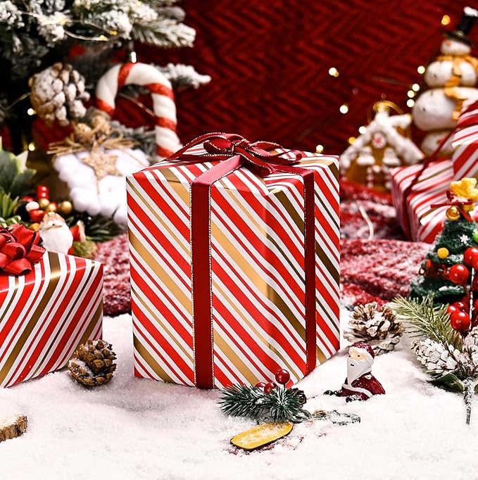 MAYPLUSS Christmas Stripe Wrapping Paper Roll - 17 Inch X 33 Feet - Classic Red Candy with Gold Diagonal Stripes Winter Holiday Gift Wrap for Weddings Birthday Party Showers and Scrapbooking
