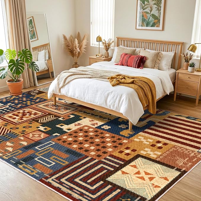 Southwestern Area Rugs for Living Room, 6x9 Boho Tribal Geometric Colorful Patchwork Carpet, Washable Non Slip Low Pile Indoor Rug for Bedroom Dining Room Office Home Hardwood Floor