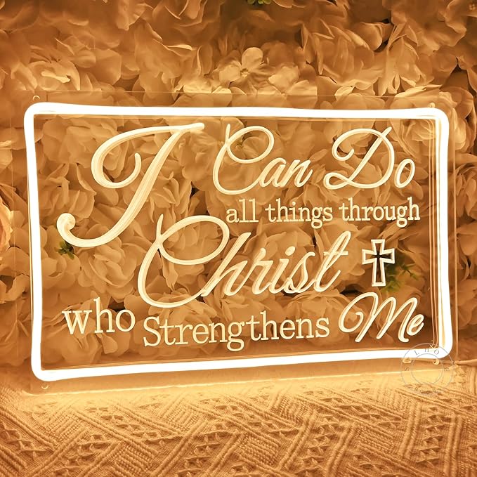 SYLHOME Led Neon Light Sign I Can Do All Things Through Christ Bedroom Living Room Wall Sign Decor Wedding Birthday Party Decoration USB 15.75"X9.8"