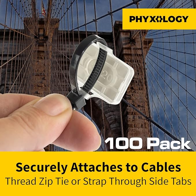 Heavy Duty, Strong 10-Inch Zip Ties and Reusable Label Boxes 100Pk. Box Attaches to Sturdy Cord Bundler for Desk, PC and Desktop Cable Management. Great White Organizer for Cables, Wires and Equipment