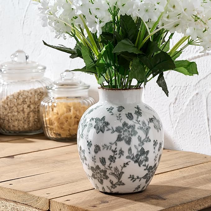 SIDUCAL Ceramic Vintage Vase, 5.83 Inch Retro Ice Cracked Chinoiserie Floral Vase, Rustic Farmhouse Vases for Home Decor, Bookshelf, Garden, Chinoiserie Decor, Tuscan Decor, Gray Floral Pattern