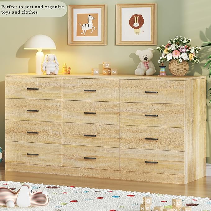 60 Inch 12 Drawer Dresser for Bedroom, Long Mid Century Modern Dressers, Wood Vintage Chests of Drawers TV Stand up to 65", Large Storage Organizer for Bedroom, Closet, Entryway, Natural