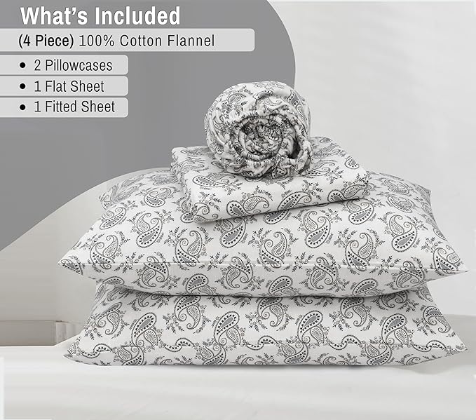 RUVANTI Flannel Sheets Full Size - 100% Cotton Double Brushed Bed Sheets Set, Deep Pockets 16 Inches, All Seasons Breathable & Extra Soft Full Sheets, Warm & Cozy, 4 Piece, Old School Paisley