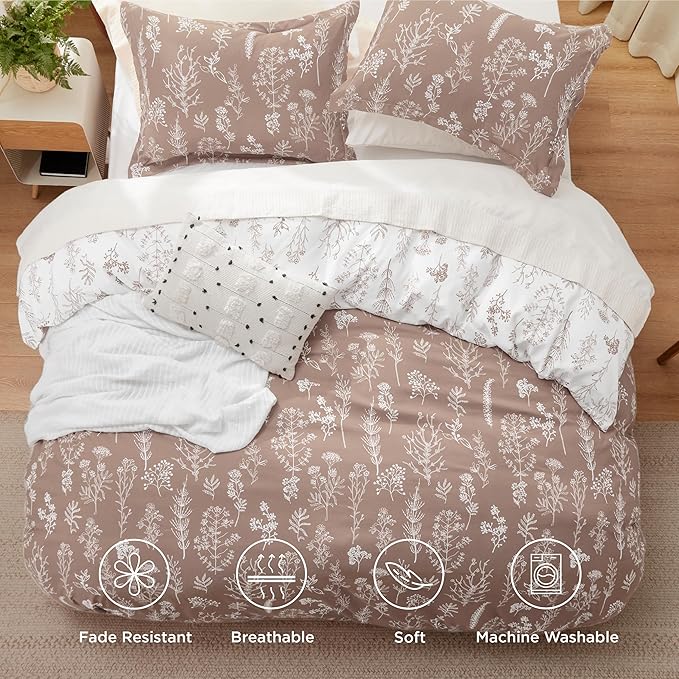 Bedsure Duvet Cover King Size - Reversible Light Taupe King Duvet Cover Set with Zipper Closure, 3 Pieces Floral Patterned Bedding Set with 8 Corner Ties and 2 Pillow Shams