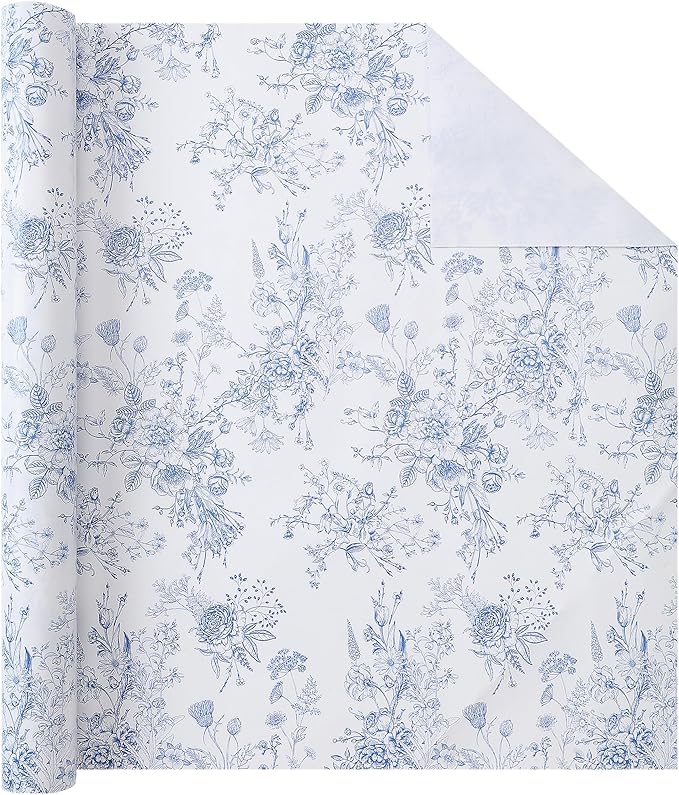 Blue Floral Wrapping Paper Roll, Mini Roll-17 Inches * 32.8 Feet, Flowers Design Wrap Paper for Girls Women Grandma, for Birthdays, Valentine's Day, Weddings, Anniversaries, Mother's Day, 1 Roll