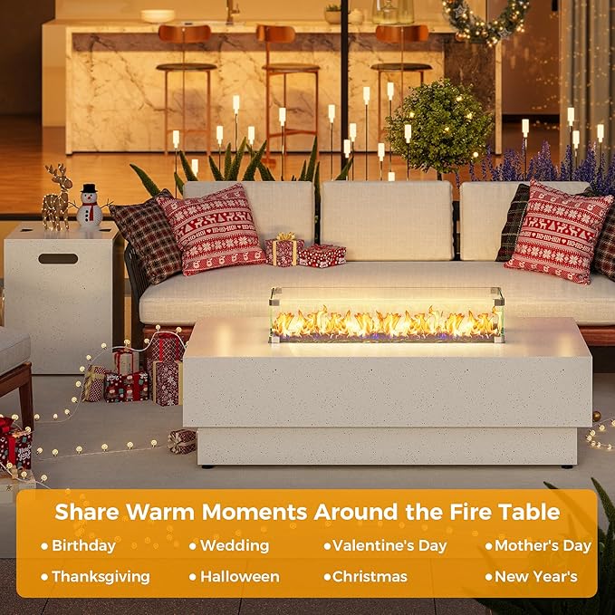 IRONCK 50-Inch Outdoor Propane Fire Pit Table w Tank Table, CSA Certified, Rectangular Patio Fire Pit w Glass Rocks, Wind Guard and Cover, 58000 BTU 2 in 1 Outdoor Heater for Deck Garden, White