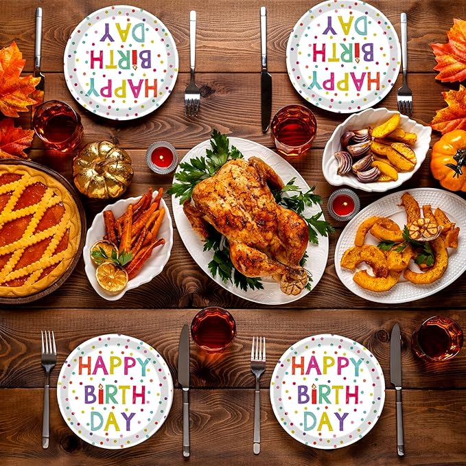 72 Pcs Birthday Plates and Napkins Party Supplies,Happy Birthday Party Plates Napkins Dots Design Tableware Set Decorations for Serves 24 (White)